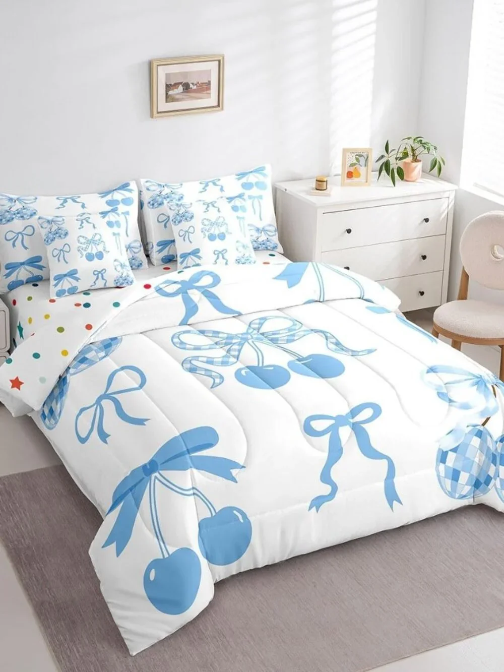 Kawaii Blue Bow Kids Comforter Set With Sheets For Boys Girls Twin Size,Cute Bow